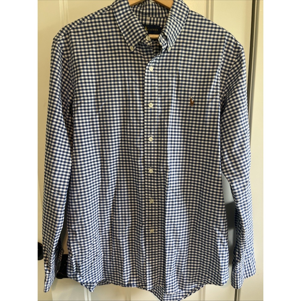 Polo Ralph Lauren Shirt Mens Large Blue White Gingham Check Cotten Button Up